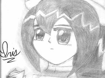 =^_^= A tribute to Iris. I felt dramatic when I did this, okay? On the full drawing, Zero is beneath her and to the left, looking dramatic with shadowed eyes. Also, I have written a discription of the scene which she dies in.